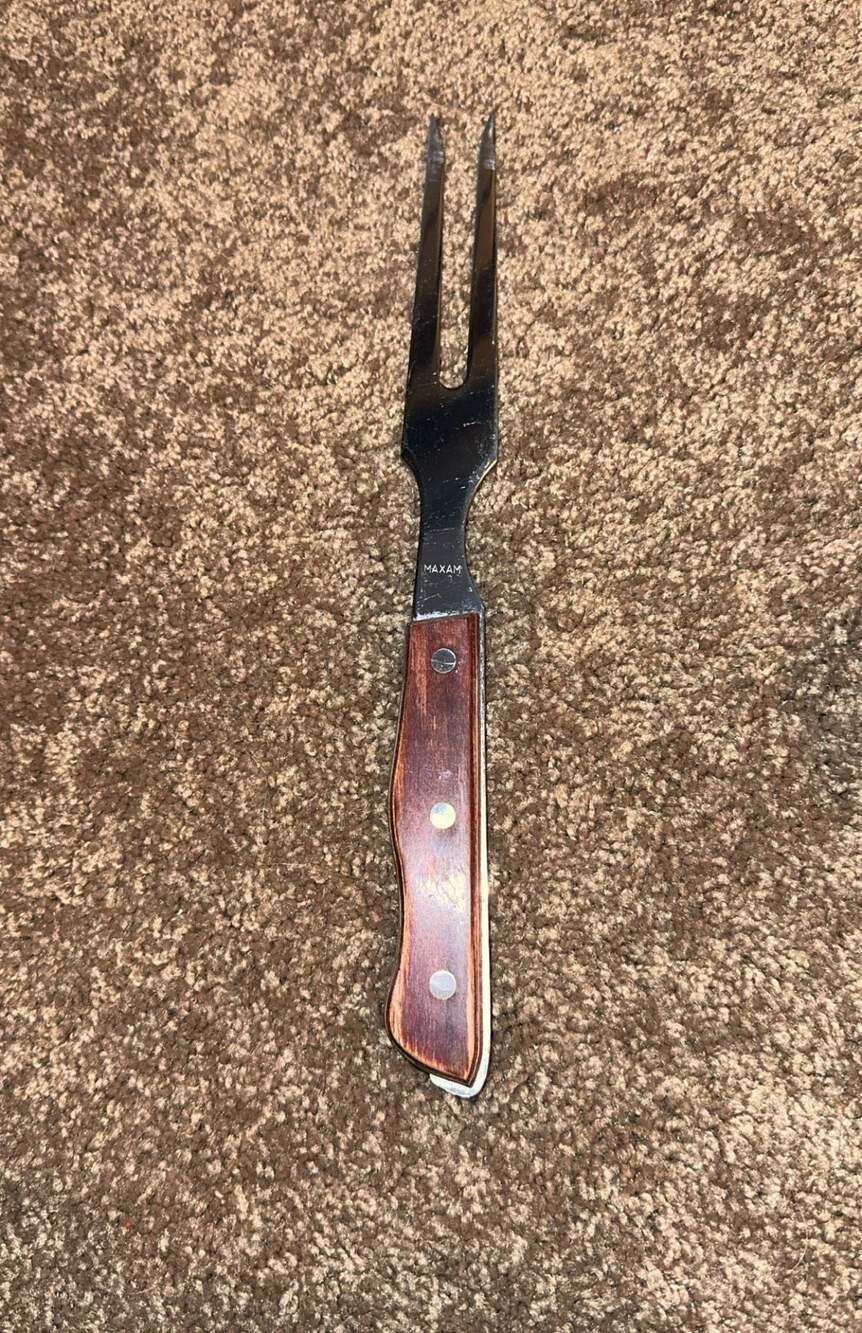 Vintage Maxam Stainless Steel Meat Carving Fork 2 Prong Wood Handle Japan 11”